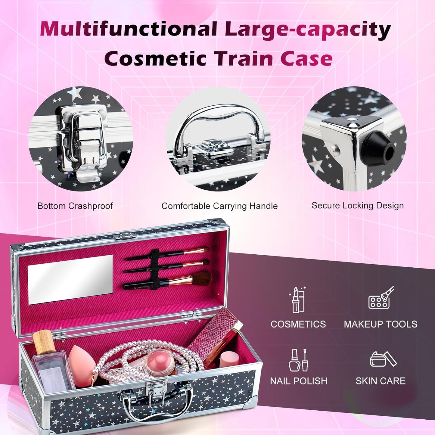 Color Nymph Makeup Kit for Teen Girls, All-in-One Beginner Makeup Set with Eyeshadow, Blush, Highlighter, Bronzer, Contour, Lipsticks, Eyeliner, Brushes & Mirror in Train Case (Starry Black)