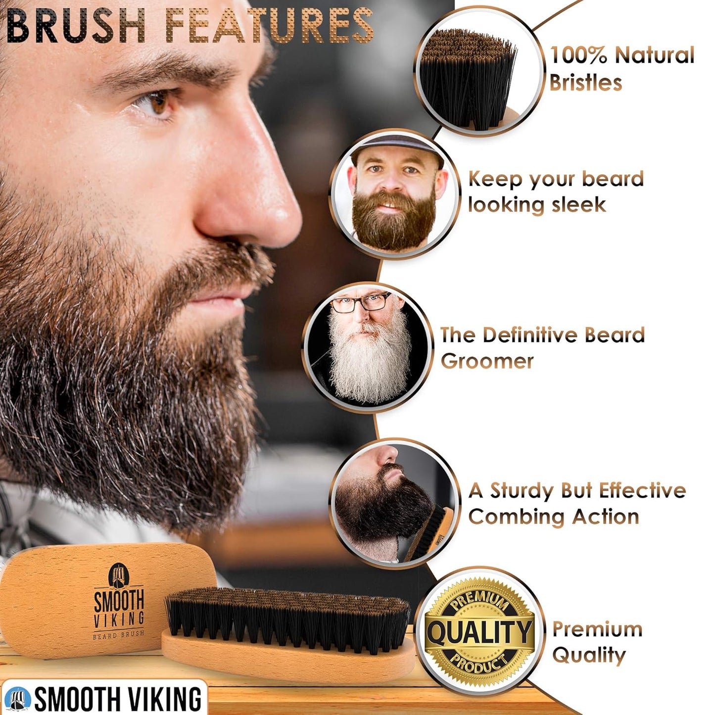 Smooth Viking Beard and Facial Hair Grooming Set - Natural Boar Bristle Brush, Mustache Brush, Styling and Shaping Tool for Men