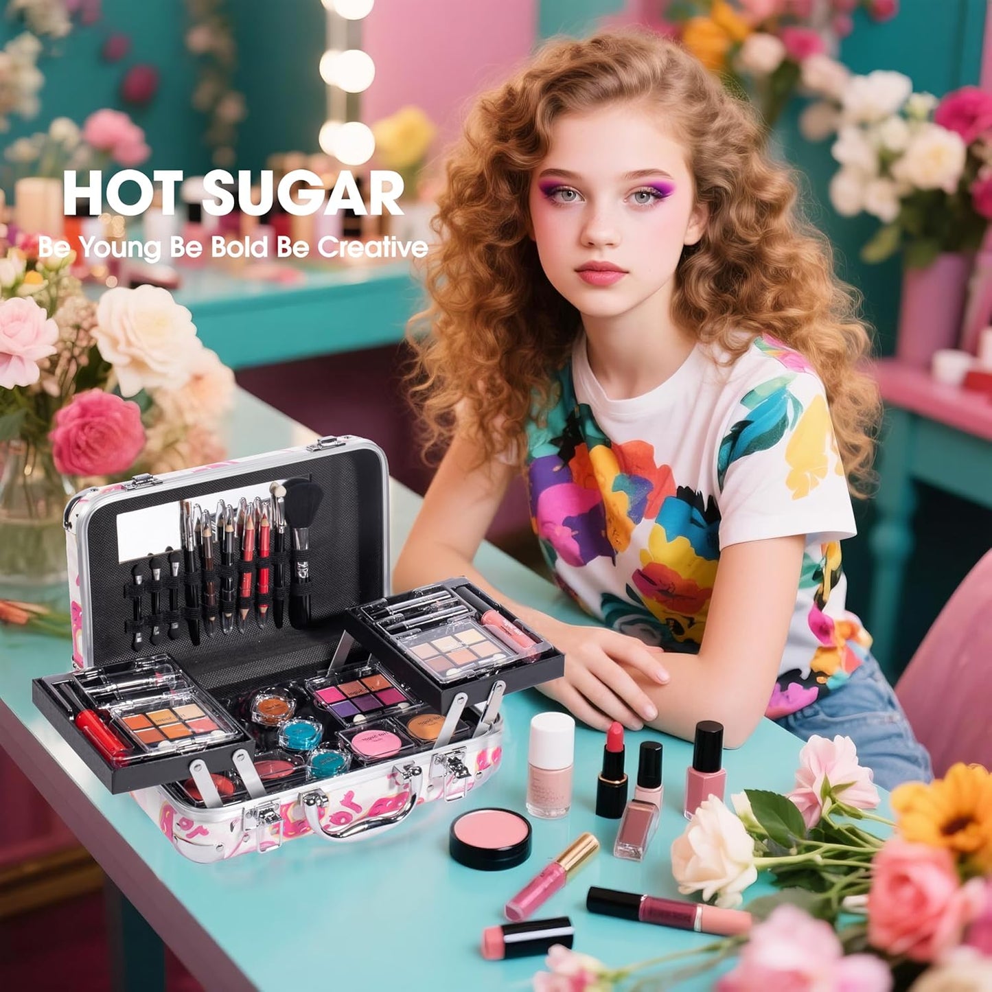 Hot Sugar All In One Makeup Set for Adults and Girls-Full Makeup Kit for Beginners Includes Eye Shadow Palette Blush Lip Gloss Lipstick Lip Pencil Eye Pencil Brush Mirror (Doughnut)