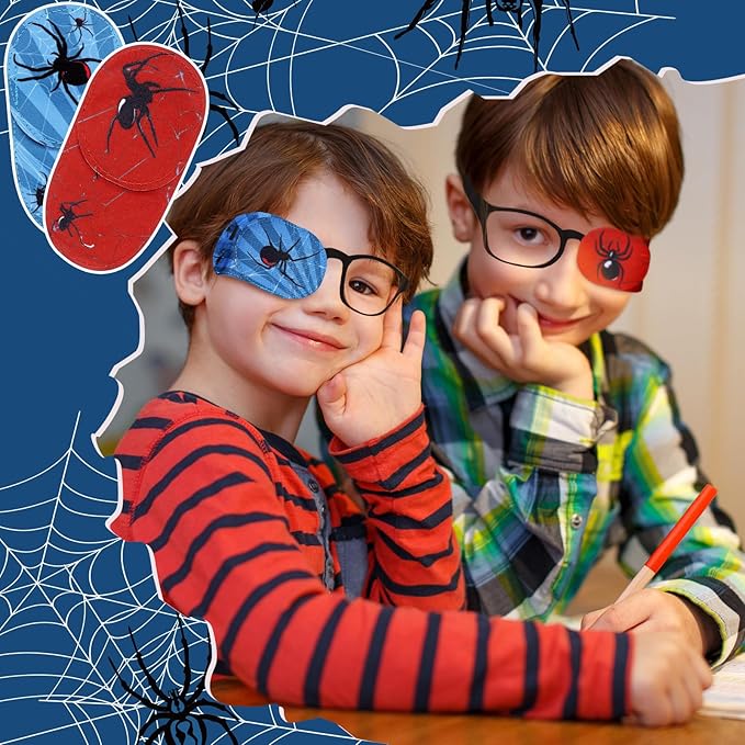 Newcotte 12 Pcs Eye Patch for Kids Toddler Reusable Adjustable Girls Boys Eyepatch for Glasses Left or Right Eye Patch, Assorted Patterns(Spider)