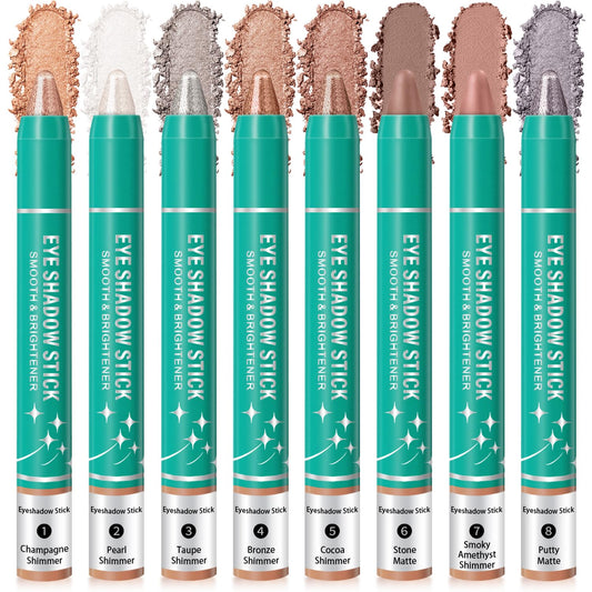 8Pcs Eyeshadow Stick, Cream Eye Shadow Brightener Sticks Set for Eyes, Champagne Pearl Taupe Bronze Cocoa Stone Putty Smoky Amethyst Shimmer Matte Pencil Eye Eye Liner Makeup Waterproof (SET A)