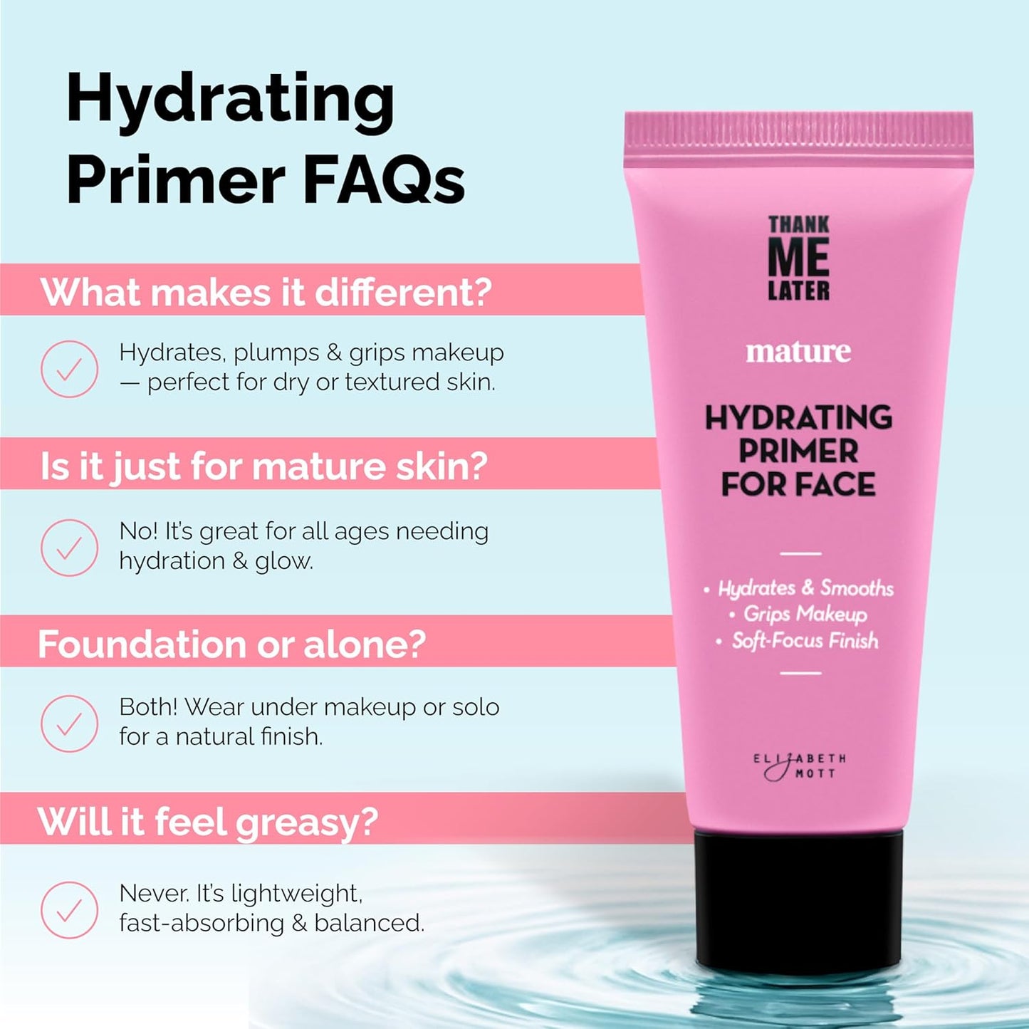 Elizabeth Mott Thank Me Later Hydrating Primer for Mature Skin – Lightweight, Gripping Face Primer for Dry, Sensitive, or Aging Skin – Smooths Texture & Hydrates with Hyaluronic Acid & Peptides, 30g