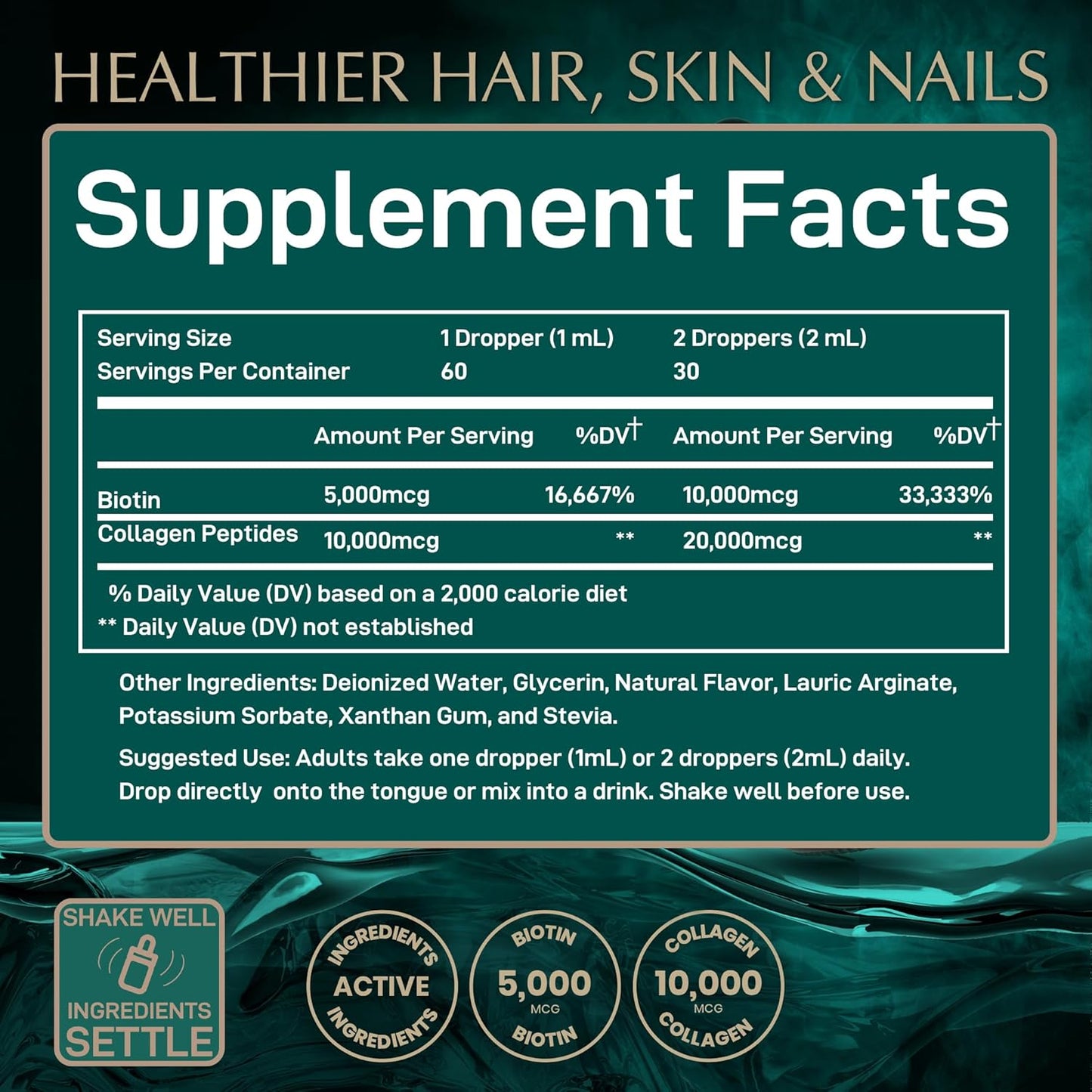 WILD FUEL Liquid Collagen Peptides with Biotin Vitamins for Hair Skin and Nails - 30,000mcg Liquid Collagen for Women and Men Plus Biotin - Lemon Flavor, up to 2-Month - 2 oz