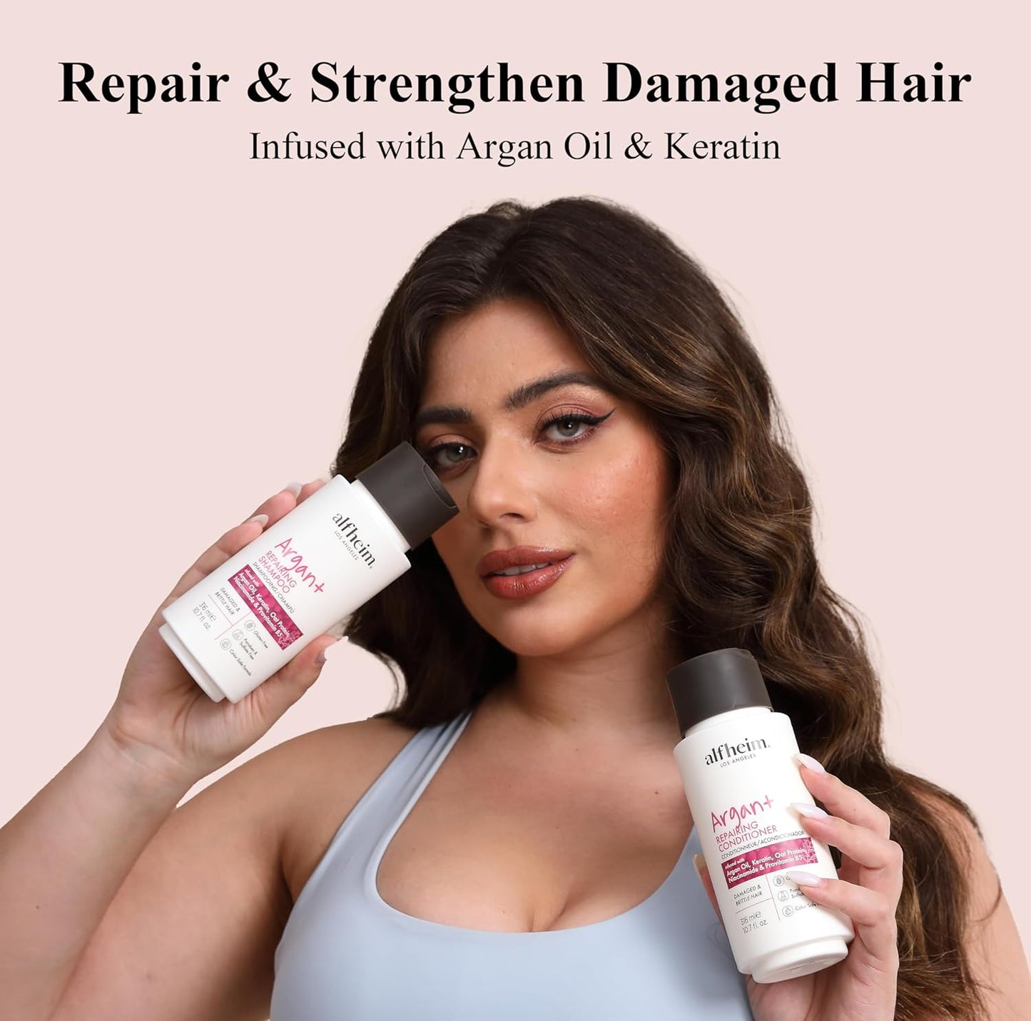 ALFHEIM Argan+ Repairing Shampoo & Conditioner Set for Dry, Damaged & Frizzy Hair with Argan Oil, Keratin, Oat Protein – Deep Repair, Shine & Frizz Control – Sulfate Free – Travel Size 10.7 oz × 2