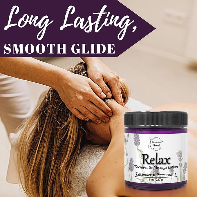 Relax Therapeutic Massage Lotion – All Natural Enriched with Lavender & Peppermint Essential Oils Perfect for Massage Therapy - Massage Cream for Full Body Massage - Brookethorne Naturals 8oz