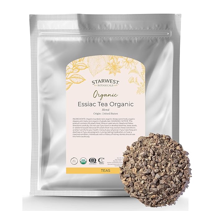 Starwest Botanicals Essiac Tea Organic - Caffeine Free Herbal Blend, Loose Leaf Burdock Root, Slippery Elm Bark, Sheep Sorrel, & Rhubarb, Certified Kosher, Non-GMO - Bulk 1 lb Bag