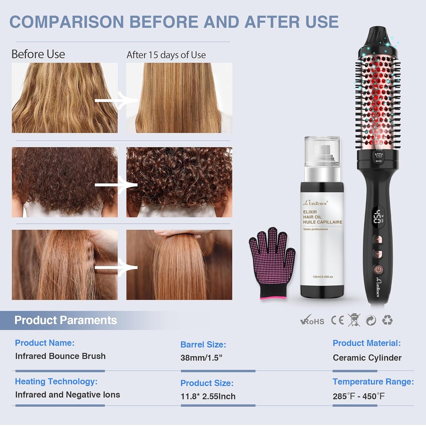 Infrared Bounce Brush, Heated Thermal Round Brush with Negative Ion Technology, 8 Heat Settings for Blowout Look with Hair Care Oil, Straightening & Curling, 1.5" Barrel for All Hair Types, Black