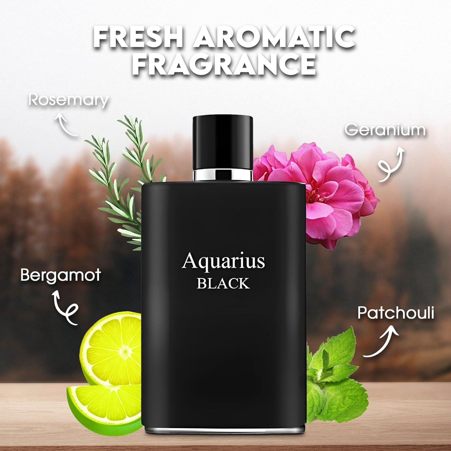 Aquari Black Sensual Woody Fragrance for Men | Long Lasting Cologne Aromatic Scent, Eau de Parfum Natural Spray - Great Holiday Gift, 3.4 Fl Oz/100 Ml