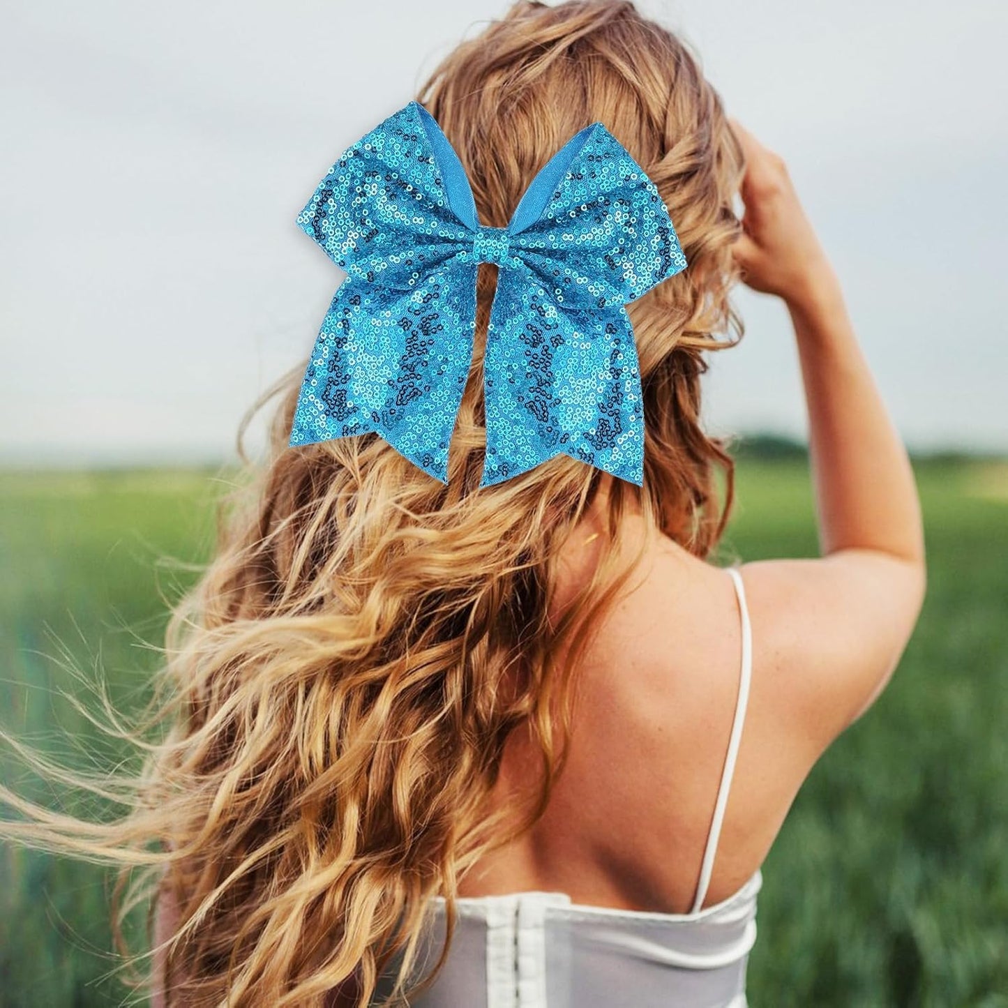 Large Big 7 Inch Glitter Bow Clip Sequin Bling Party Hair Accessories for Women Teens Girls Kids 3 Pcs (Blue, Purple, Black)