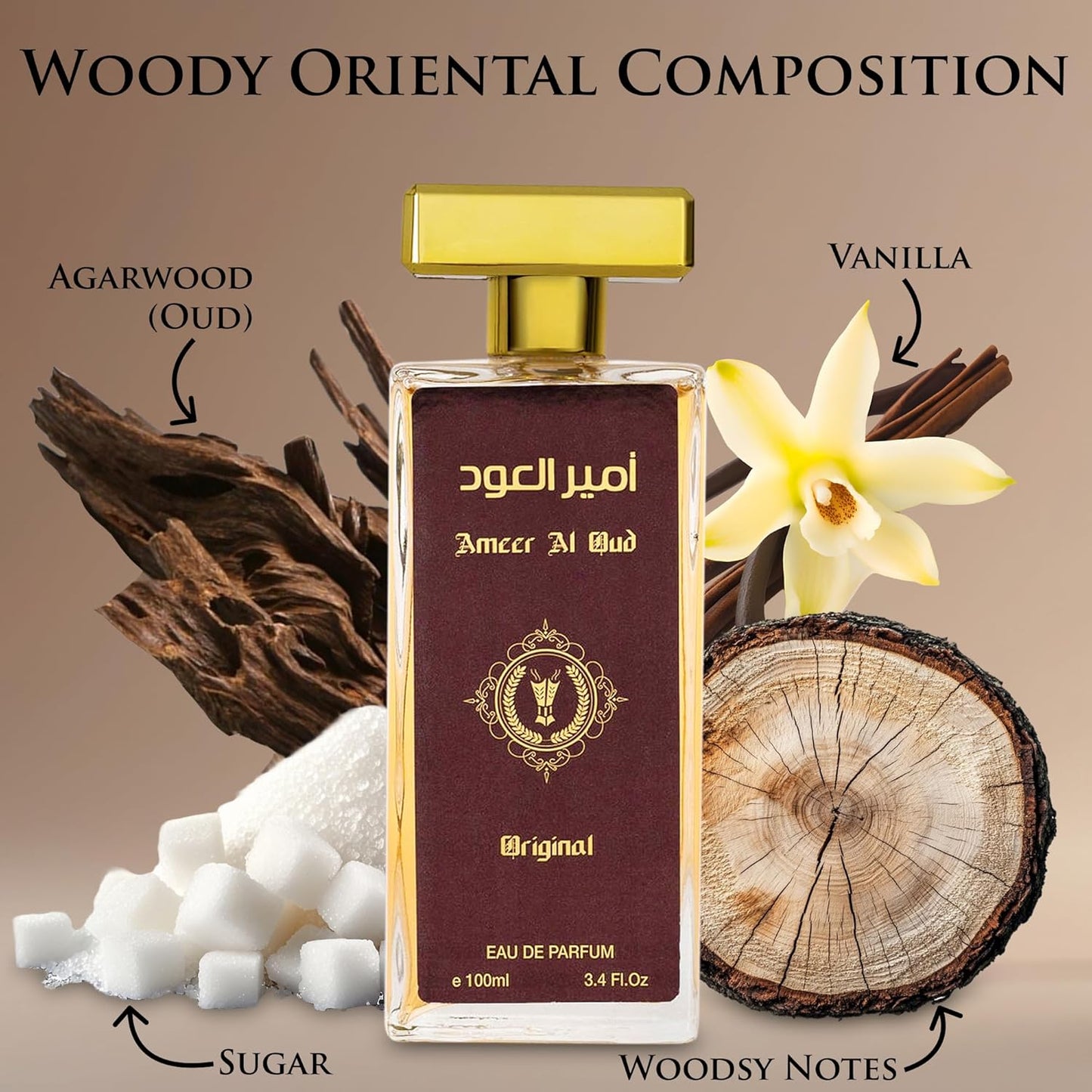 Ameer Al Oud for Men & Women - Wood, Oriental Earthy Fragrance - Top Notes of Agarwood, Vanilla & Sweet Sugar - Base Scents of Sandalwood & Herbal - Free of Paraben - Elegant 100ml Bottle