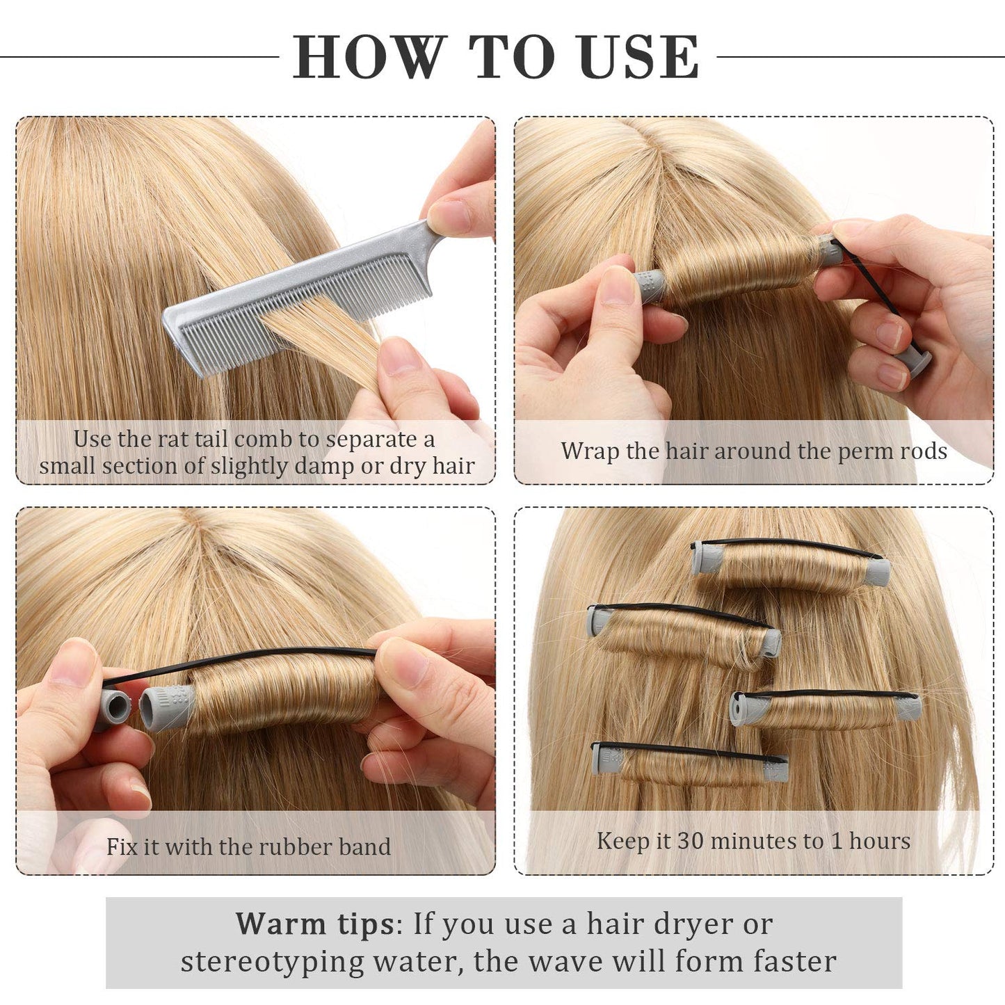 24 Pieces Hair Perm Rods Plastic Cold Wave Perming Curlers Hair Rollers with Steel Pintail Comb Rat Tail Comb Tools for Hairdressing Styling(Grey,0.59 Inches)