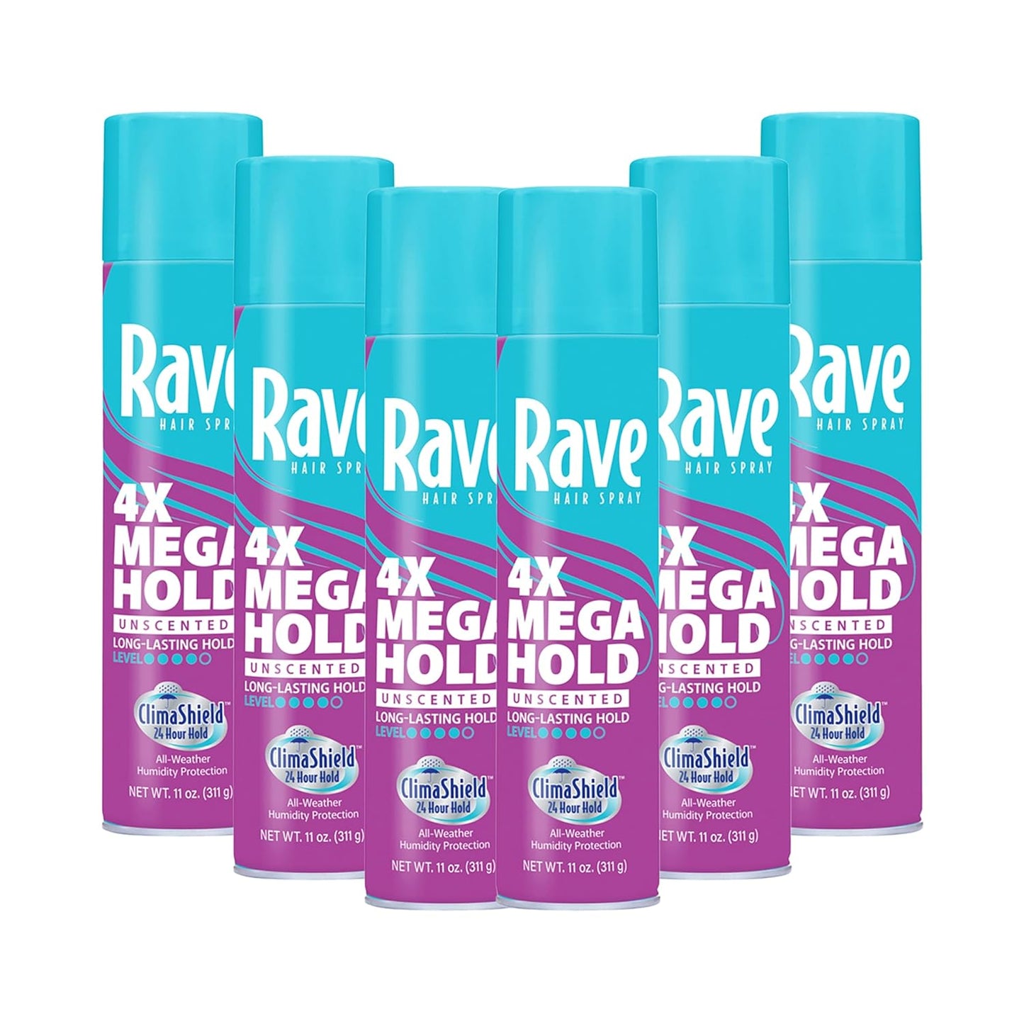 Rave 4X Mega Unscented Aerosol Hairspray - Hair Spray for High Humidity Weather - 24-Hour Lasting Hold - Vitamin-Enhanced Hair Volume Spray - 6 pc