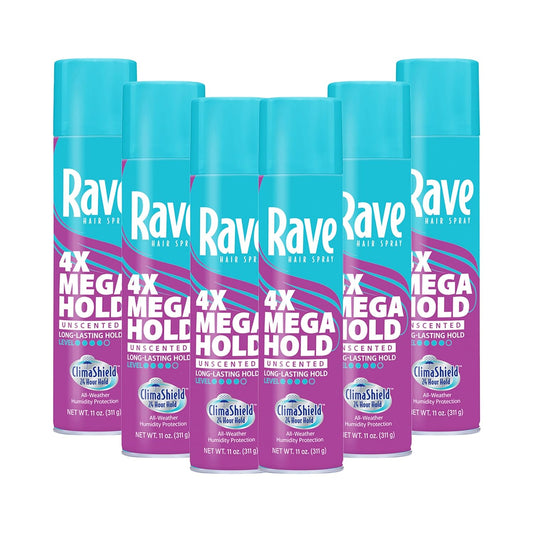 Rave 4X Mega Unscented Aerosol Hairspray - Hair Spray for High Humidity Weather - 24-Hour Lasting Hold - Vitamin-Enhanced Hair Volume Spray - 6 pc