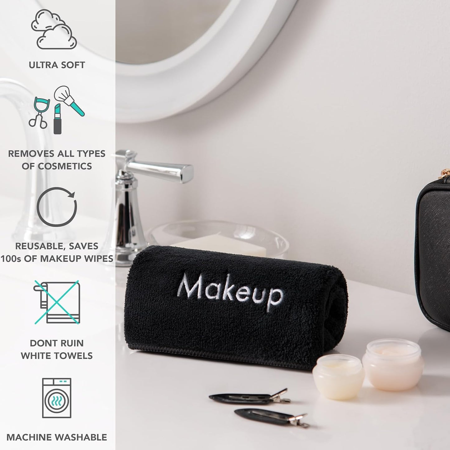 Arkwright Makeup Towels - Bulk Case of 108 - Ultra Soft & Gentle Microfiber Coral Fleece Washcloth Face Make Up Remover, Reusuable Eraser Cloth Essentials for Hosts & Artists, 13 x 13 in, Black