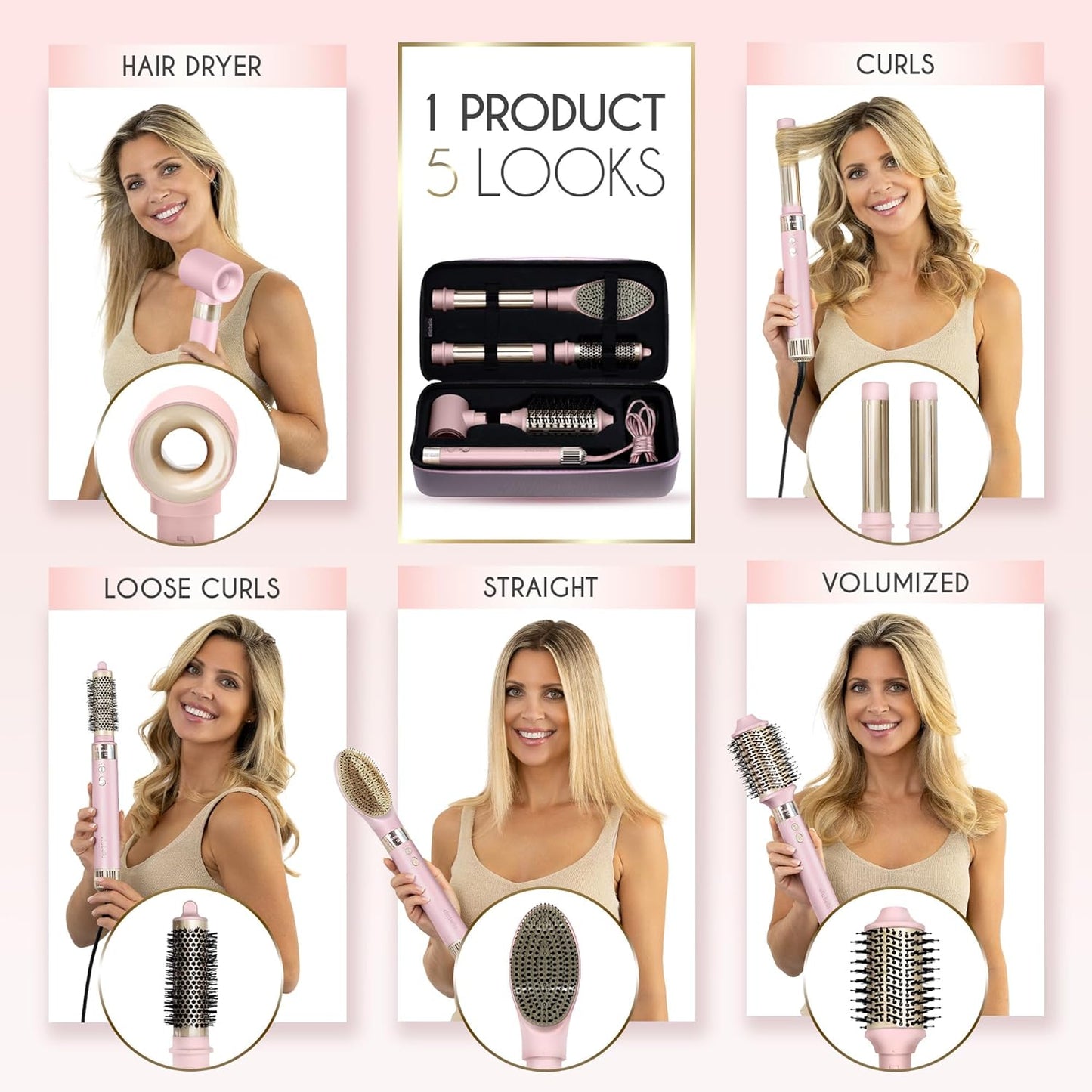 ELLA BELLA® 6 in 1 Professional Hot Air Styler • Powerful Hair Dryer & Straightener Set • Styling Without Heat Damage • Fast Drying Curling Volumizing Straightening • Protective Travel Case (Pink)