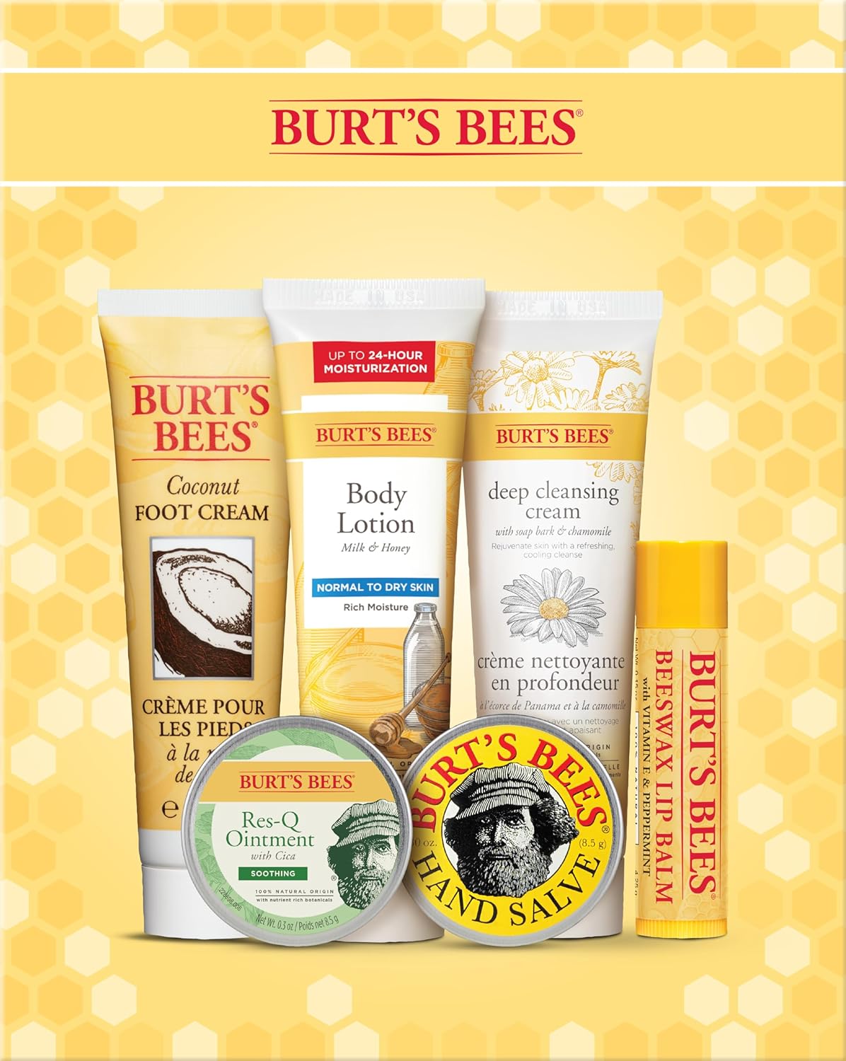 Burt's Bees Christmas Gifts, 6 Stocking Stuffers Products, Timeless Minis Kit - Original Beeswax Lip Balm, Coconut Foot Cream, Milk Honey Body Lotion, Deep Cleansing Cream, Res-Q Ointment & Hand Salve