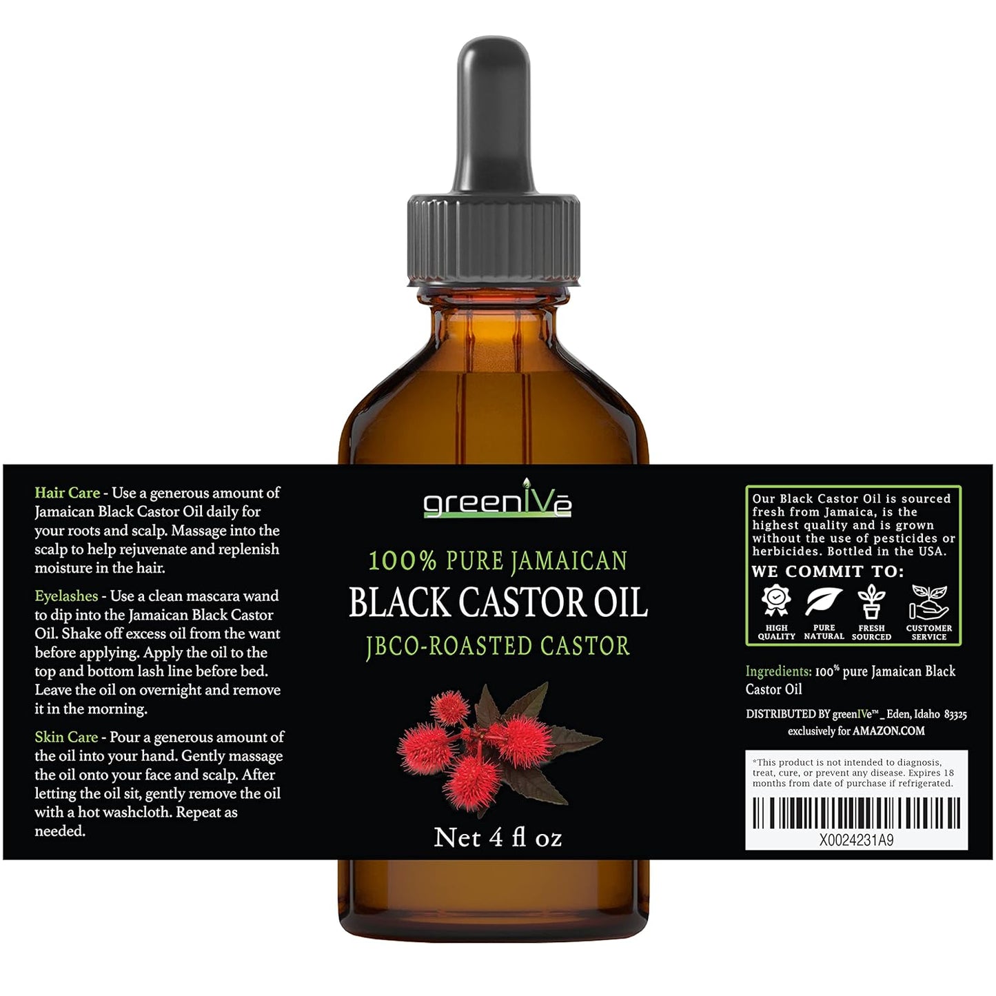 GreenIVe Organically Grown Jamaican Black Castor Oil JBCO 100% Pure Glass Bottle Cold Pressed Amazin Results (4 Ounce)