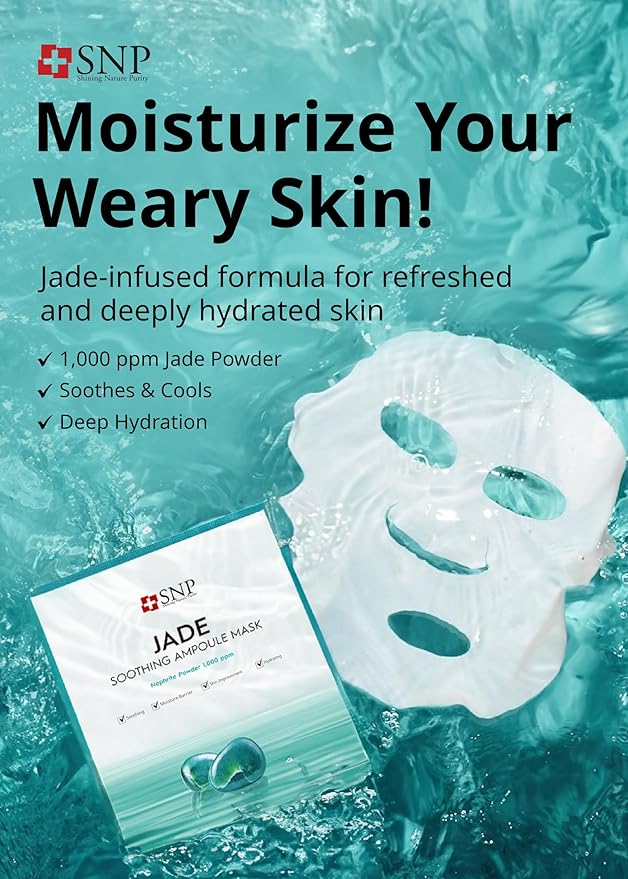 SNP [K Beauty Jade Soothing Ampoule Sheet Mask | Cleansing and Purifying All Sensitive Skin Types | Calming, Hydrating, and Moisturizing Facial Skin | Korean Face Masks Skincare | 10 Sheets