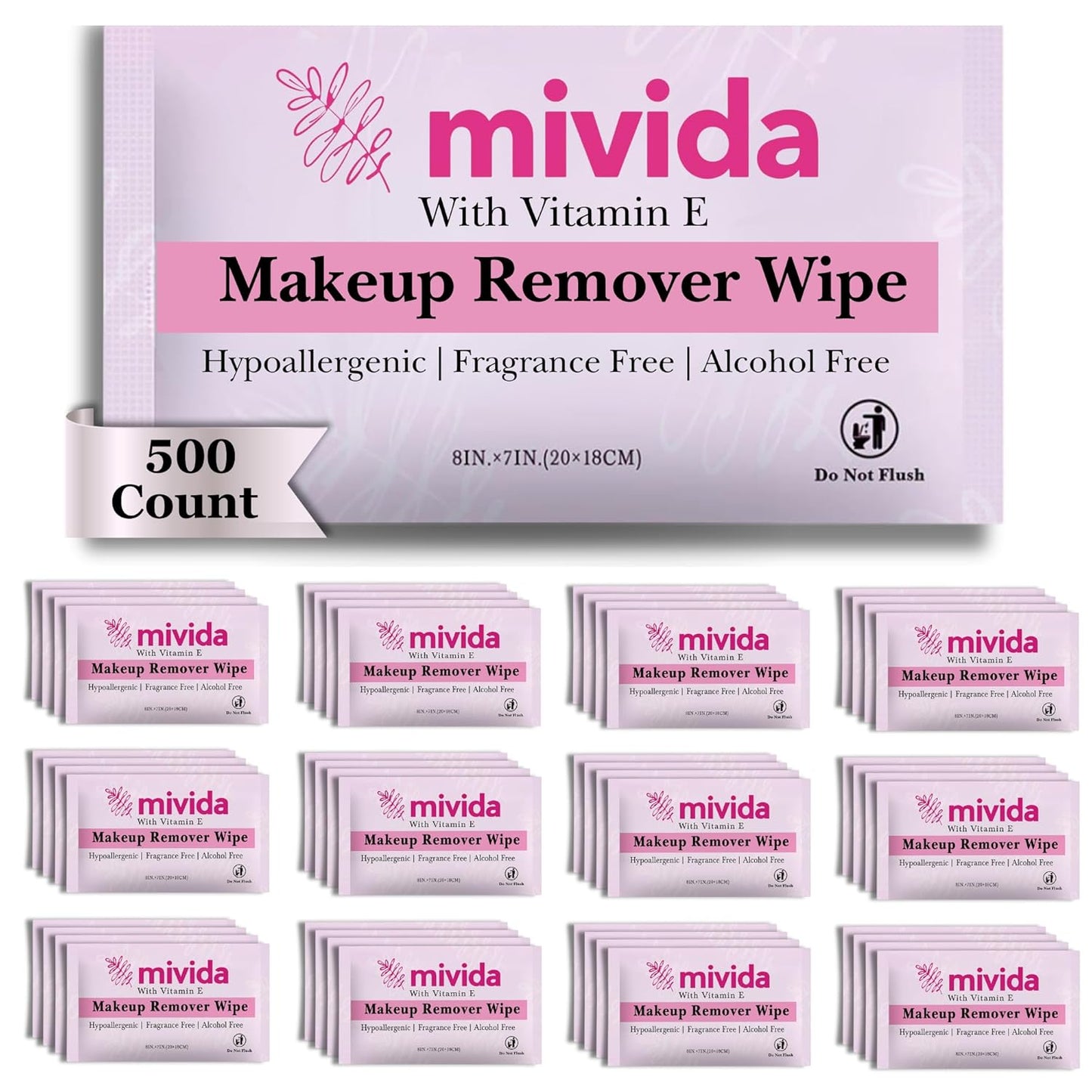 mivida 500 Count Bulk Individually Wrapped Makeup Remover Wipes with Vitamin E | Hypoallergenic, Fragrance-Free, Alcohol-Free makeup wipes | Bulk single make up removing wipes