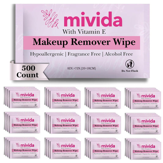 mivida 500 Count Bulk Individually Wrapped Makeup Remover Wipes with Vitamin E | Hypoallergenic, Fragrance-Free, Alcohol-Free makeup wipes | Bulk single make up removing wipes