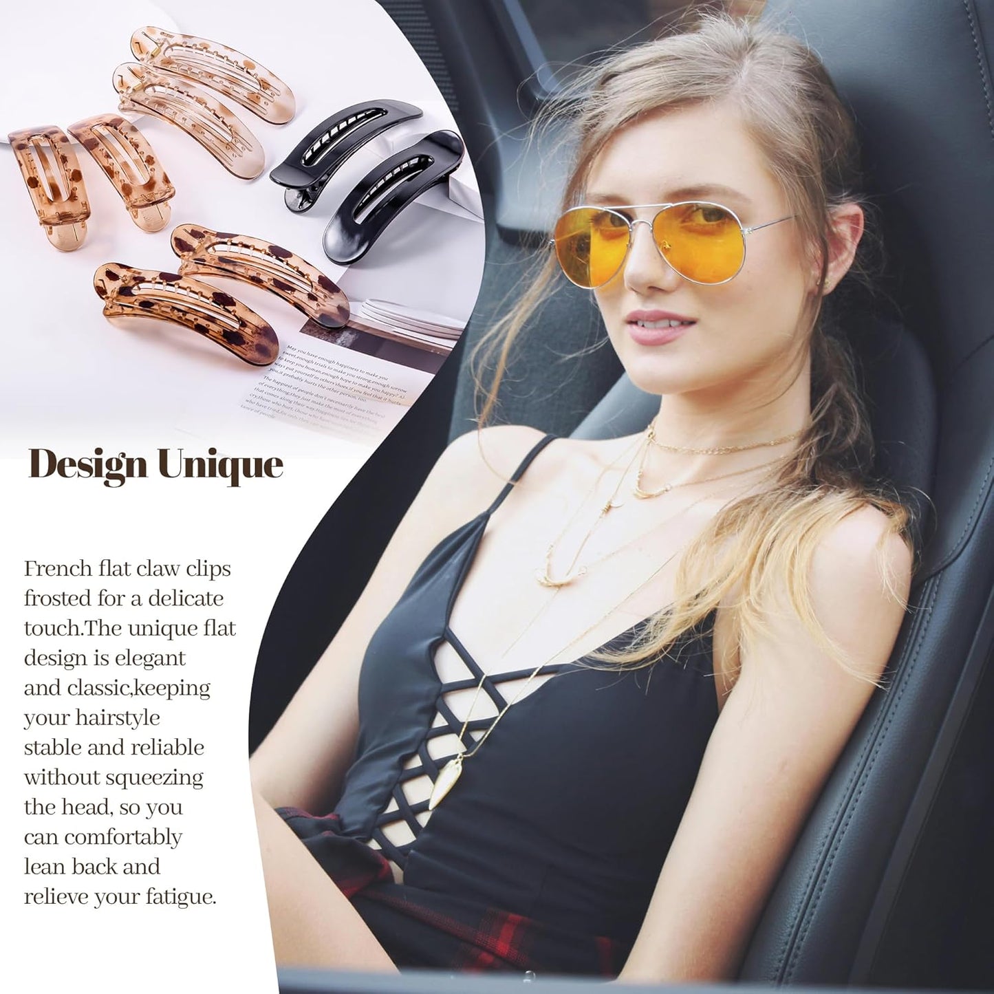 8 Pcs Large Lay Flat Claw Clips for Women French Side Slide Barrettes for Thin Fine Hair Rectangle Alligator Hair Accessories, Bright Black Tortoiseshell