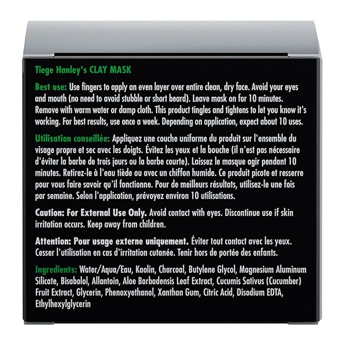 Tiege Hanley Mens Detoxifying Facial Clay Mask, 2 Oz (1-Pack) - Deep Pore Cleansing Charcoal Face Mask with Natural Kaolin Clay Absorbs Excess Oil & Reduces Appearance Pores - Skin Care for Men