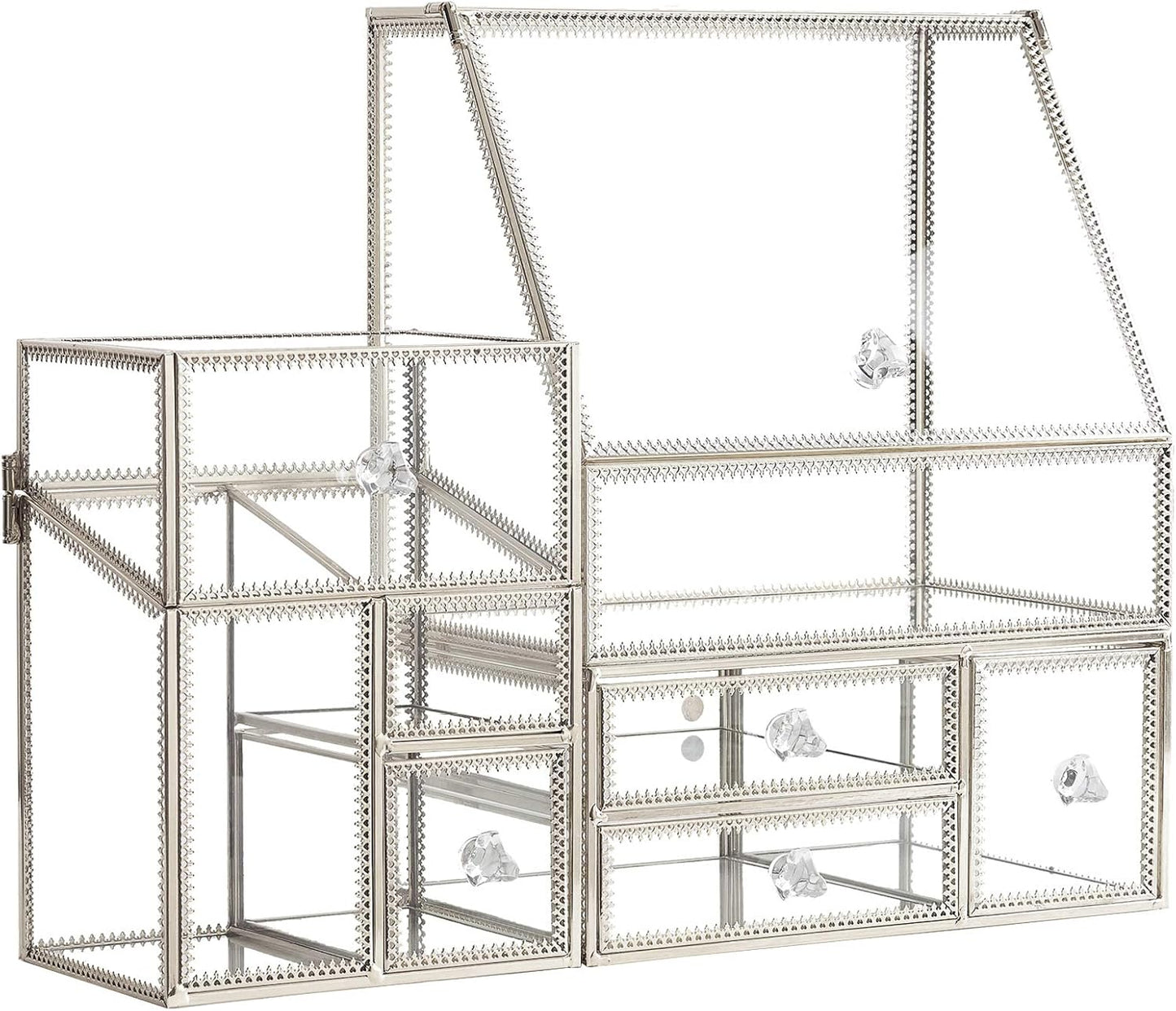 Glass Makeup Organizer for Vanity/Stackable 2Pieces Drawer Set/Antique Countertop Vanity Cosmetic Storage Box Mirror Glass Beauty Display, Holder for Brushes Lipsticks Skincare Toner (Silver)