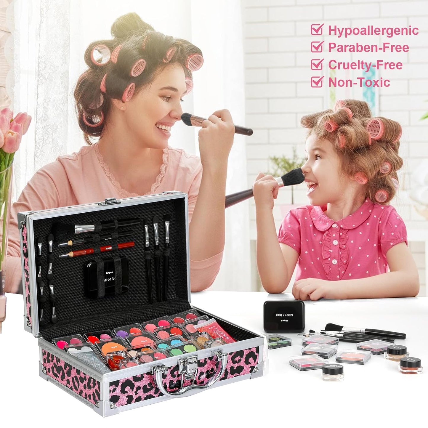 Anpro All-In-One Makeup Carry Case with Pro Teen Makeup Set, Full Starter Cosmetics Kit with Makeup Brushes, Lipsticks, Eye Shadows Palette, Blushes, Glitter Gel-Pink Leopard