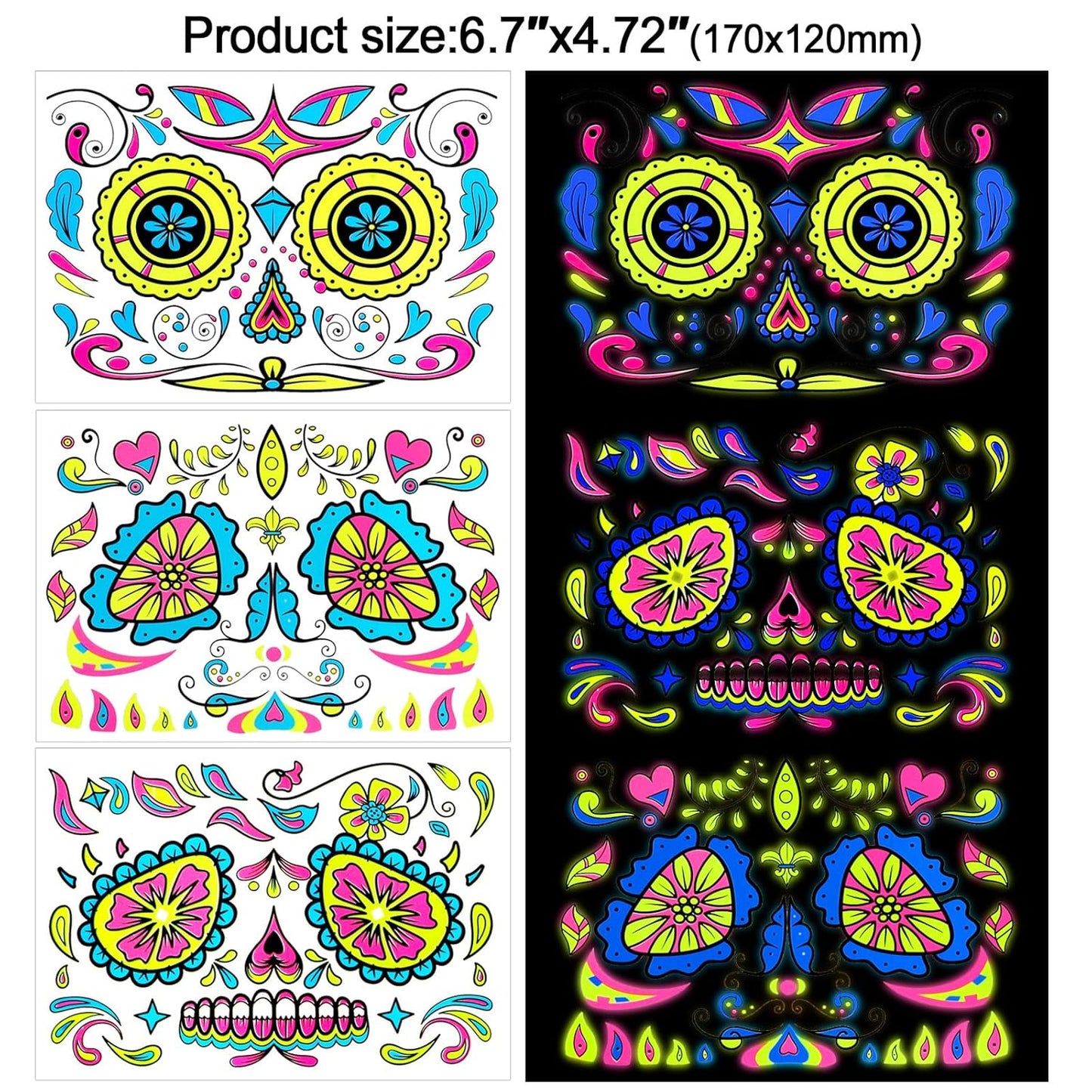 HOWAF Neon Day of The Dead Temporary Tattoos 8 Pairs Face Mask Tattoos, Glow UV Neon Dia De Los Muertos Sugar Skull Face Body Tattoos Sticker for Halloween Mexican Makeup Cosplay Party Supplies