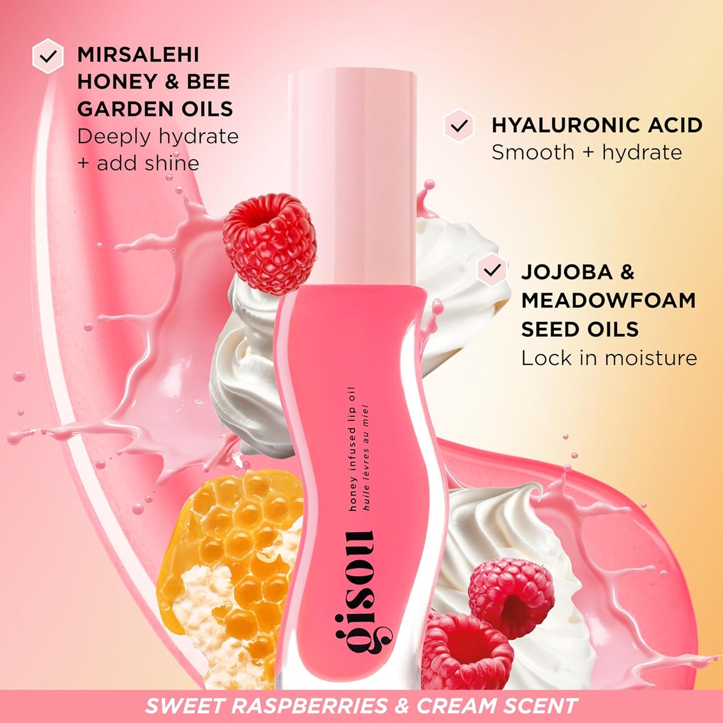 Gisou Honey Infused Hydrating Lip Oil, Nourishing Lip Moisturizer for Dry Lips, 0.27 fl oz (Raspberry Swirl)