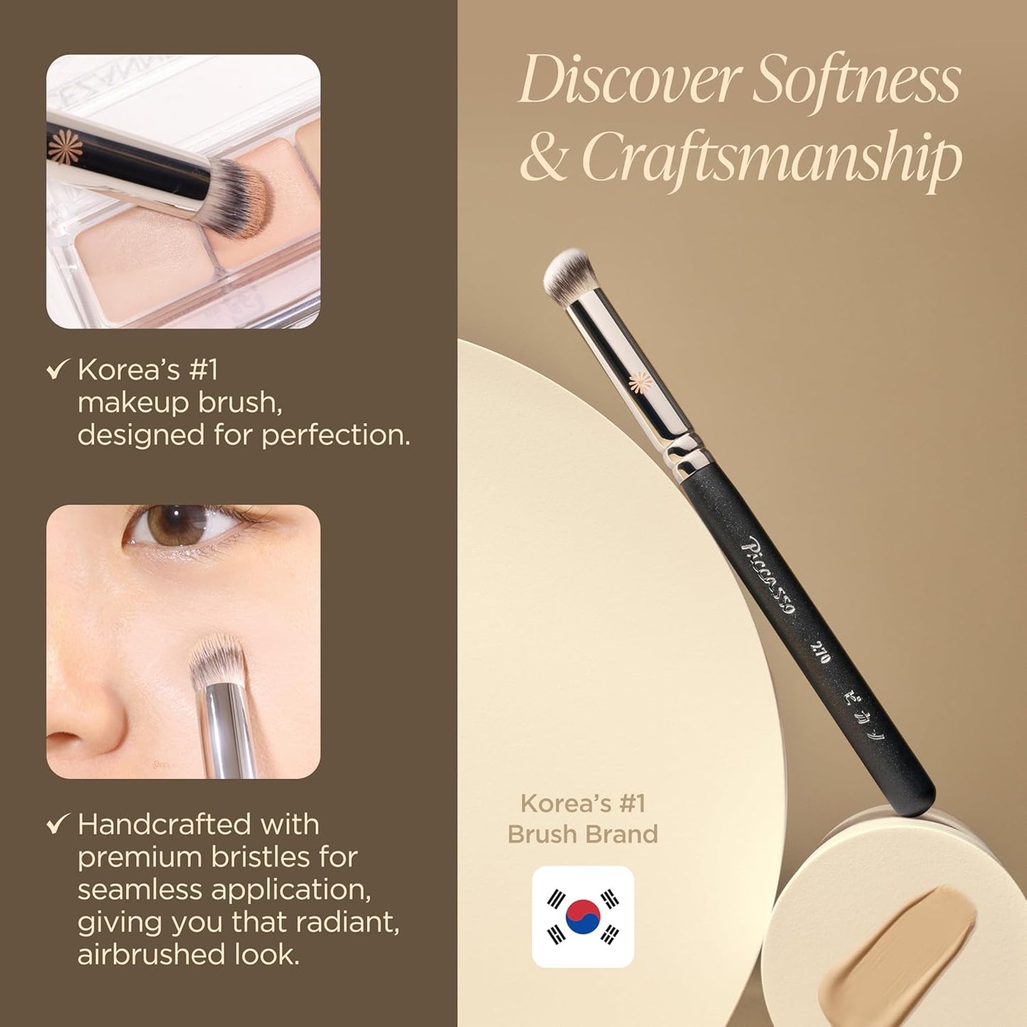 Piccasso 270 Concealer Brush – Large Angled Brush for Face Makeup, Under Eye Concealer, and Liquid Blush, Soft Bristles for Cream and Liquid Products, Korean Makeup Brush for Pore Coverage