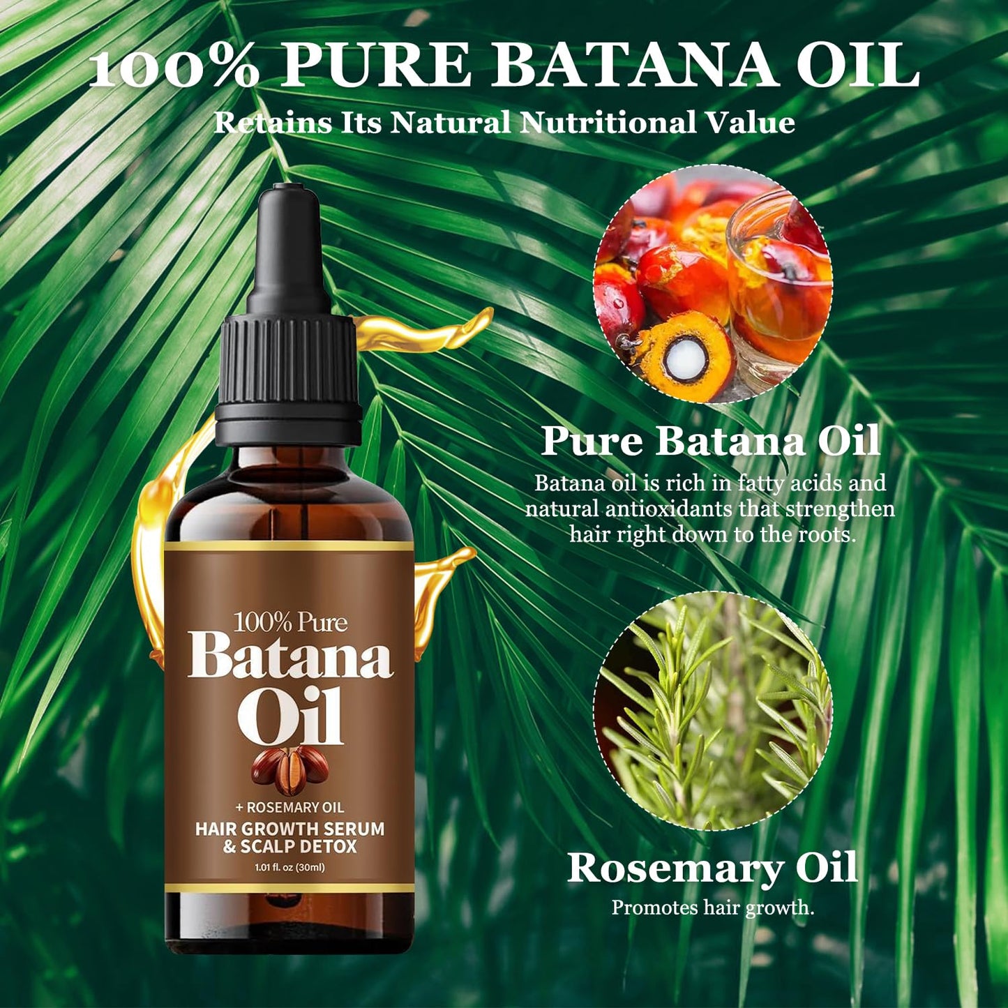 Batana Oil with Rosemary for Hair Growth,100% Organic Batana Oil from Honduras with Rosemary,Nourishes hair, for All Hair Types, 30ml / 1 Fl Oz (1pcs), Brown