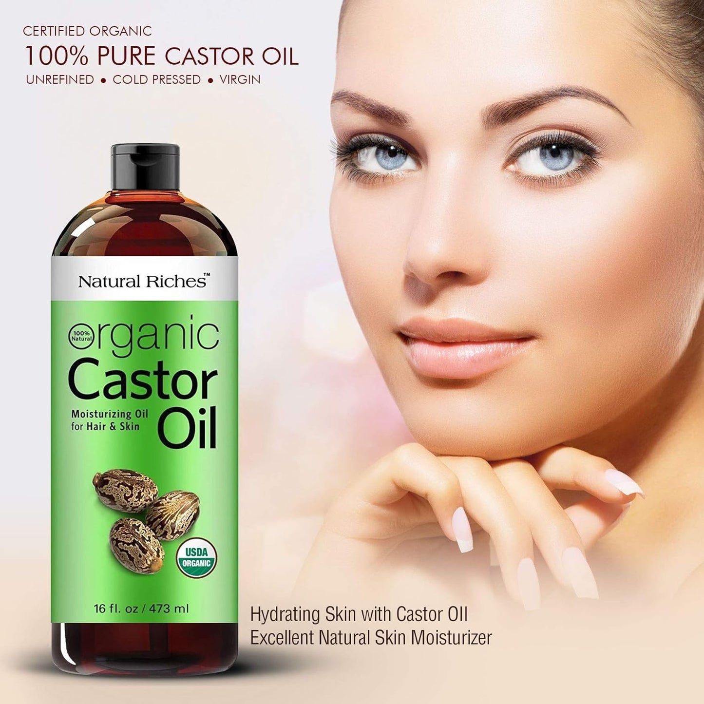 Natural Riches Organic Castor Oil - Cold Pressed, USDA Certified for Hair Growth, Thicker Eyelashes, Eyebrows - Moisturizes Dry Skin and Hair, Helps with Dandruff - Hexane-Free, 16 fl. oz.