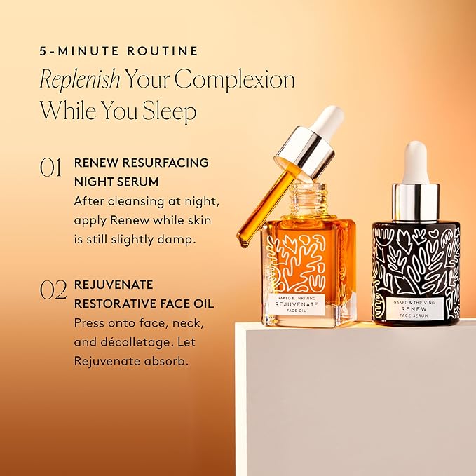 Naked & Thriving The Night Set | Renew Resurfacing Night Serum (30 mL) + Rejuvenate Restorative Face Oil (35 mL) with Hyaluronic Acid, Argan & Sea Buckthorn Oils and Fruit AHAs (Set of 2)