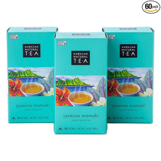 Hawaiian Natural Tea Organic Mamaki Jasmine Green Tea Blend - Antioxidant-Rich, Calming, Wellness Tea for Bedtime & Stress - Gift for Tea Lovers - 60 Tea Bags