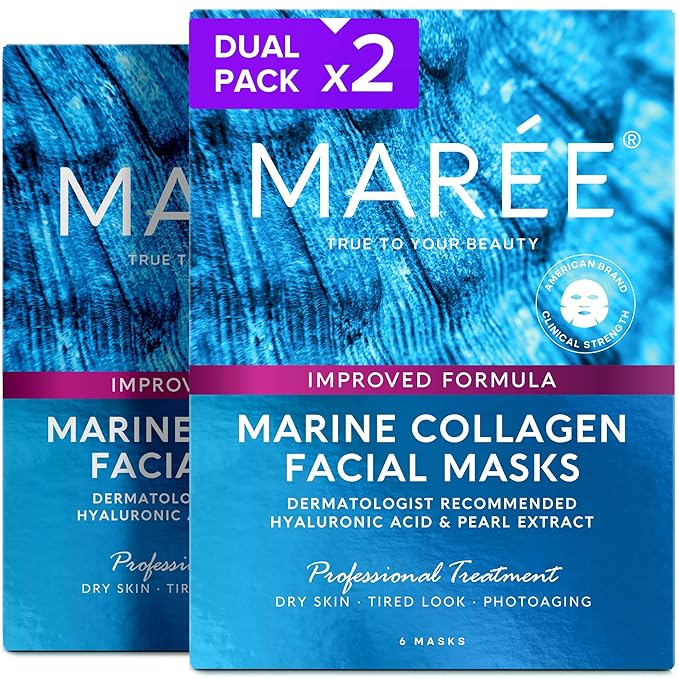 MAREE Collagen Facial Mask with Hyaluronic Acid 2 PACK - Sheet Face Masks Skincare with Green & Red Algae Extract - Hydrating Mascarillas Faciales For Women Skin Care | Facial Mask 2 Pack