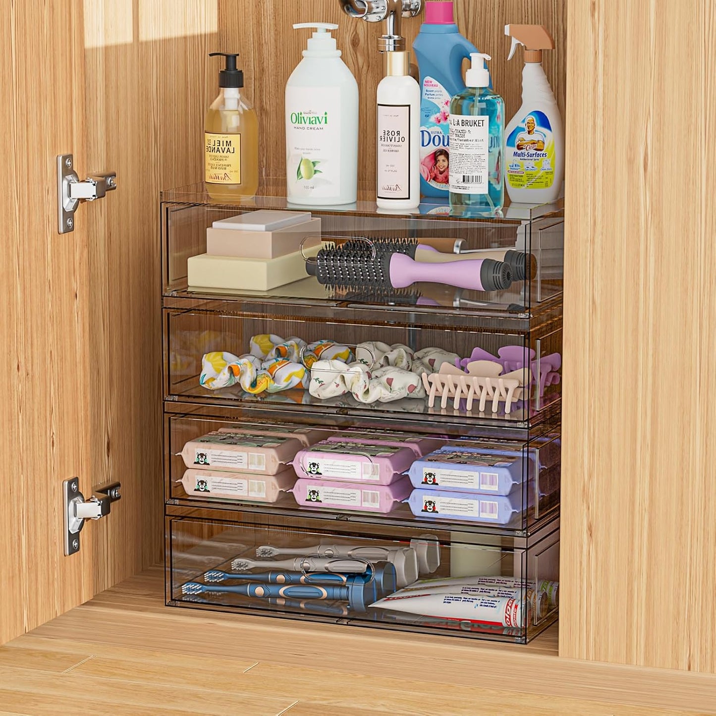 Clear Stackable Makeup Organizer with Drawer, 12''W Acrylic Storage Drawers, Cosmetic Display Case for Vanity Bathroom Countertop, Beauty Holder for Lipstick Brush Skincare Perfume