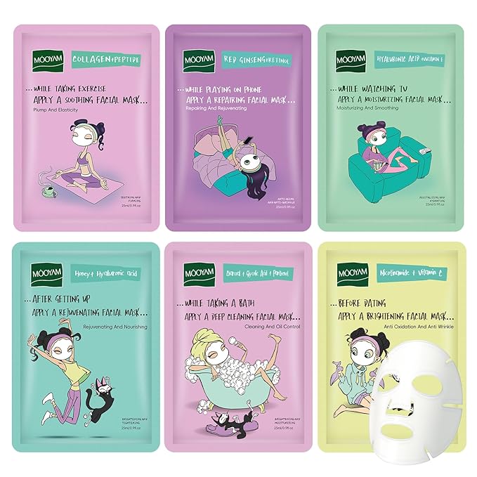 Face Masks Skincare Set for Girl,Moisturizing Collagen Facial Masks for Women Home Spa,Hyaluronic Acid Face Mask for All Skin Types,Day Night Facial Mask Hydrating,Deep Cleaning,Oil Contral(6Pack)