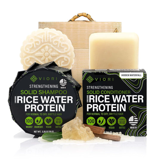 Viori Hidden Waterfall Shampoo and Conditioner Bar Set and Bamboo Holder - Made with Rice Water for Hair Growth - Handcrafted Sulfate Free Shampoo and Conditioner