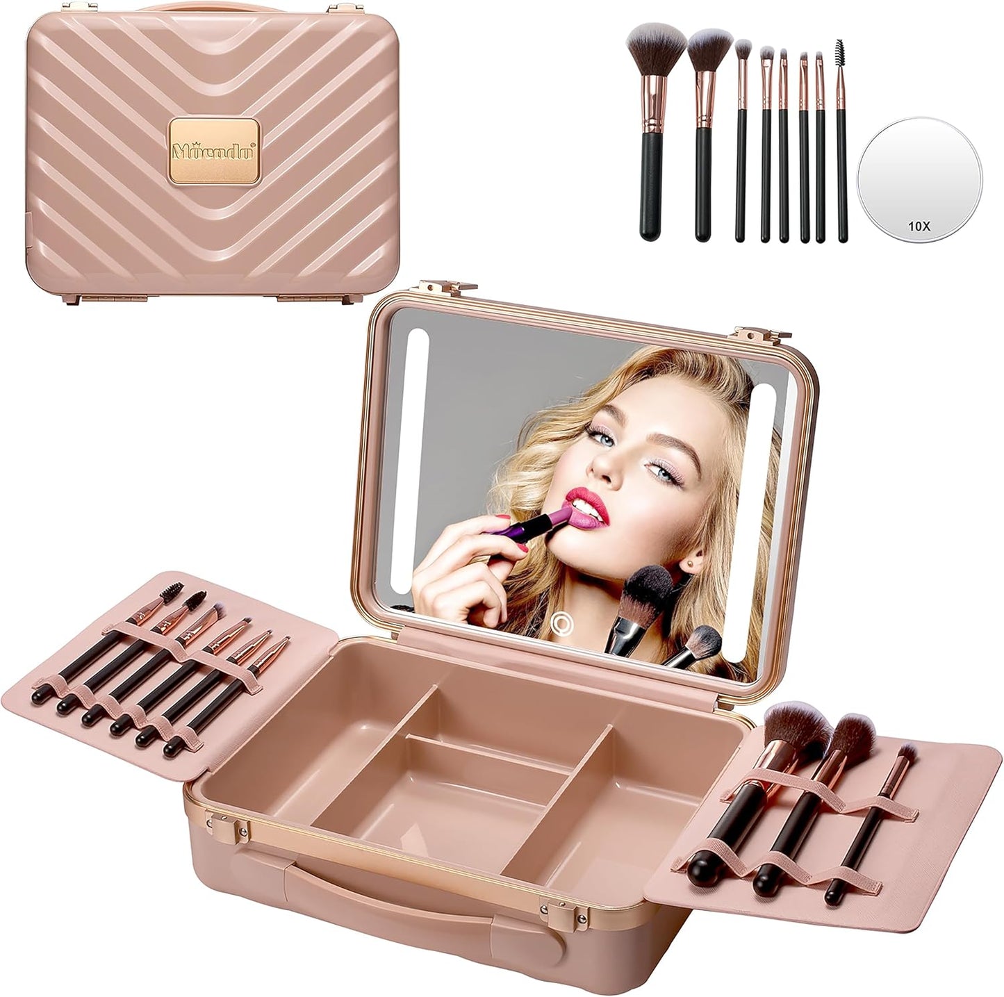 Mocado Travel Makeup Case with Lighted Mirror, 8 Makeup Brushes & 10x Magnifying Mirror, Adjustable Brightness Train Case (Pink)