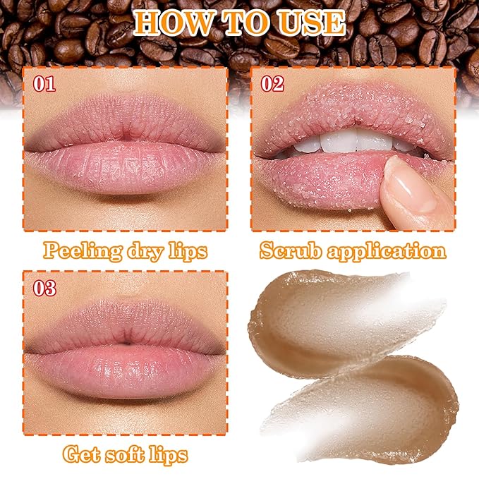 2 Pack Coffee Bean Lip Scrub Set,Long Lasting Moisturizing Lip Scrubber Exfoliator, Cleansing Hydrating Lip Exfoliator Scrub and Moisturizer Kit for Chapped Dry Lips
