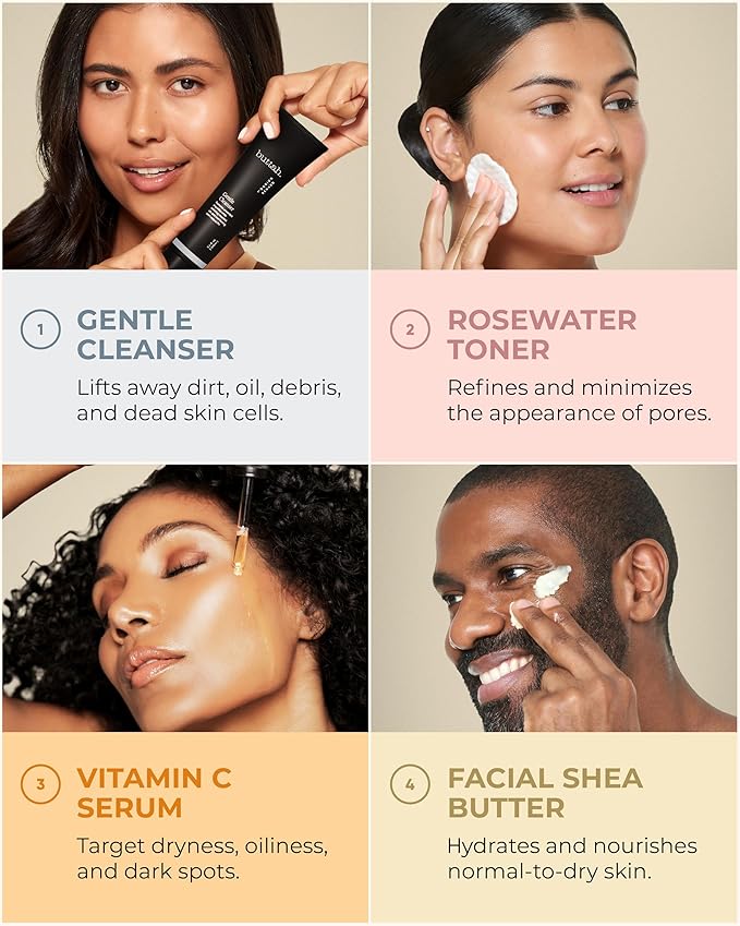 Buttah Skin Supreme Kit for Melanin Rich Skin | Facial Shea Butter 2 oz | Vitamin C Serum 1 oz | Cleanser 3.4 oz | Rosewater Toner 3.4 oz | Black Owned Skincare