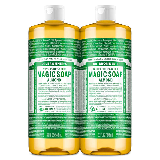 Dr. Bronner's Pure-Castile Magic Liquid Soap (Almond, 32 Ounce, 2-Pack)- Made with Regenerative Organic Certified Oils, 18-in1 Uses: Face, Hair, Hand & Body Soap, Laundry, Pets- Concentrated, Vegan
