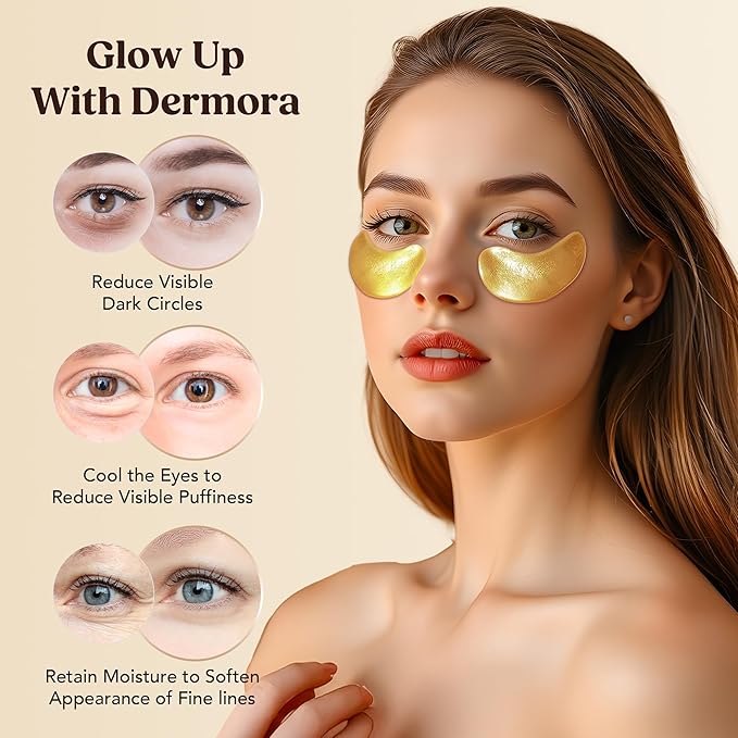 DERMORA Golden Glow Under Eye Patches (50 Pairs Eye Gels) - Rejuvenating Treatment for Dark Circles, Puffy Eyes, Refreshing, Revitalizing, Travel, Wrinkles