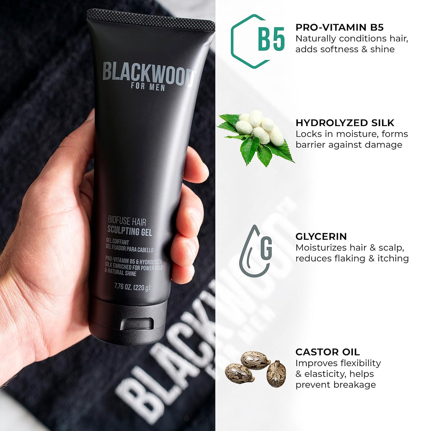Blackwood For Men BioFuse Hair Sculpting Gel - Men's Hair Styling Product for All Hair Types - Long Lasting Hold - Natural Vegan Formula - Sulfate Free, Paraben Free, & Cruelty Free (7.76 Oz)