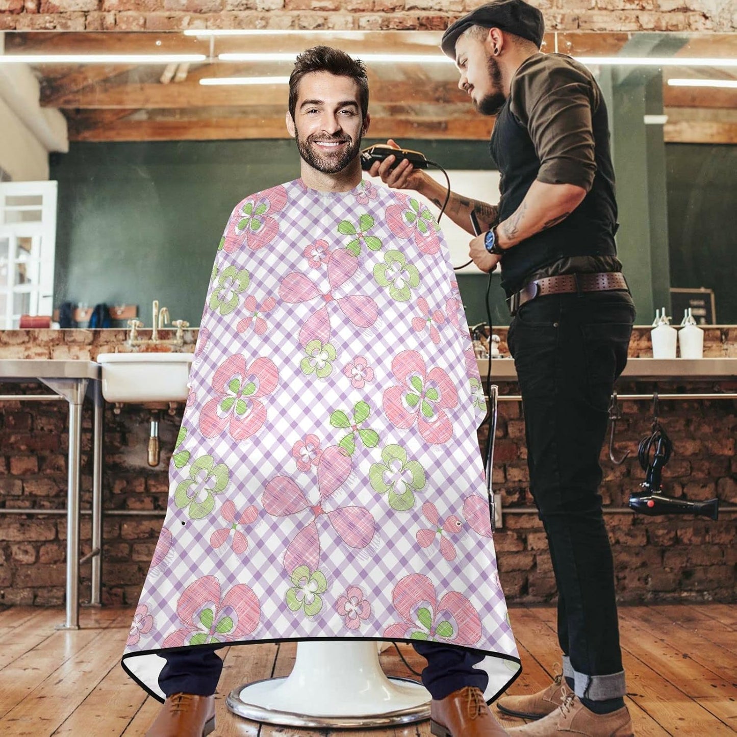visesunny Barber Cape Abstract Floral Gingham Polyester Hair Cutting Salon Cape Apron Anti-Static Haircut Water-Resistant Shaving Cloth Beard Shaving Bib Hairdressing Cape