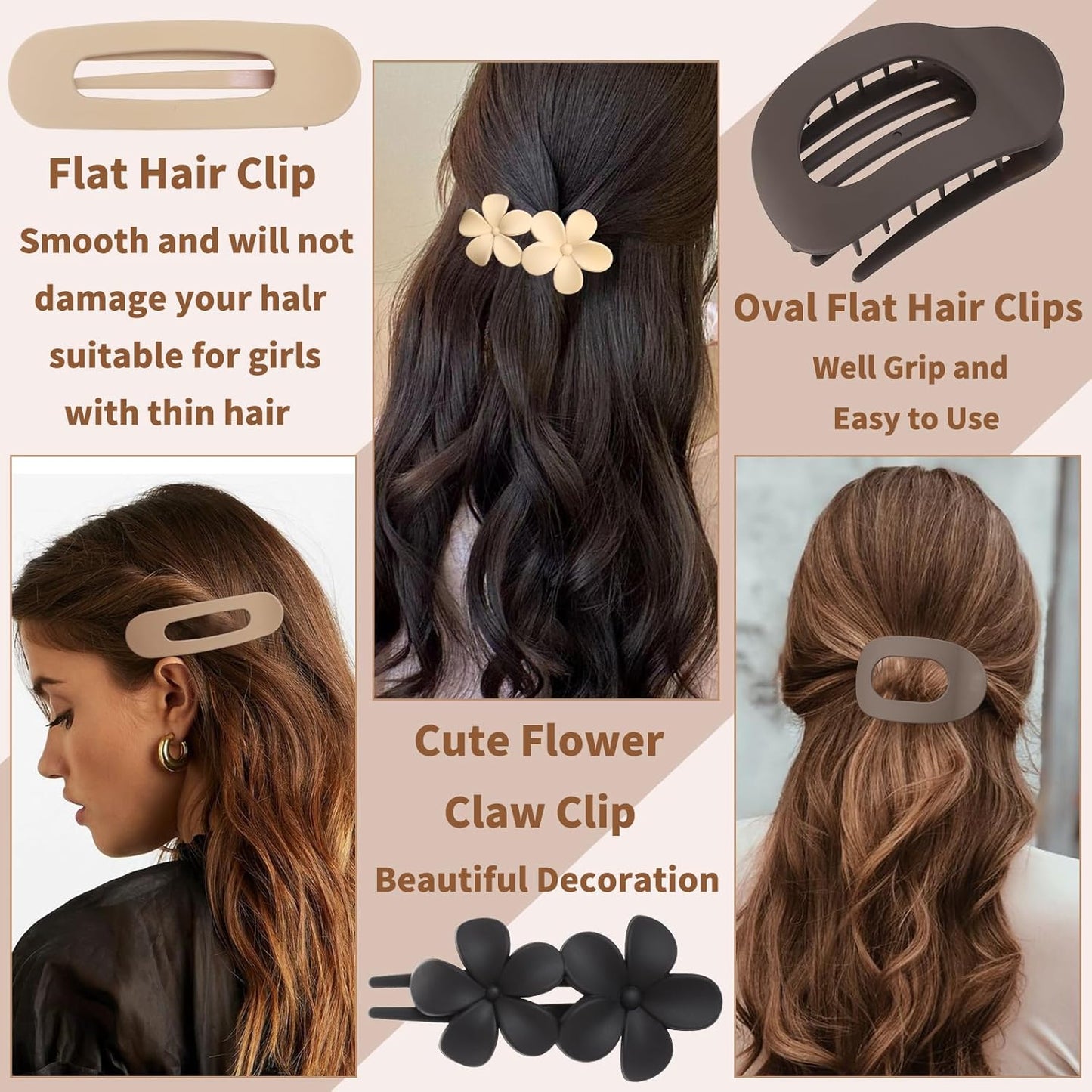 12 Pcs Flat Hair Clips for Women, 3 Styles Matte Flower Hair Clips and Flat Clips, Big and Small Neutral Colors Non-slip Flat Claw Clips Thin Thick Curly Straight Hair Accessories