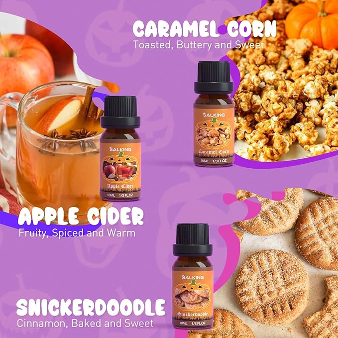 SALKING Halloween Fragrance Oils, Premium Essential Oils for Diffuser, Scented Oils Gift Set for Soap Candle Making - Pumpkin Pie,Caramel Apples,Candy Corn, Snickerdoodle, Caramel Corn, Apple Cider