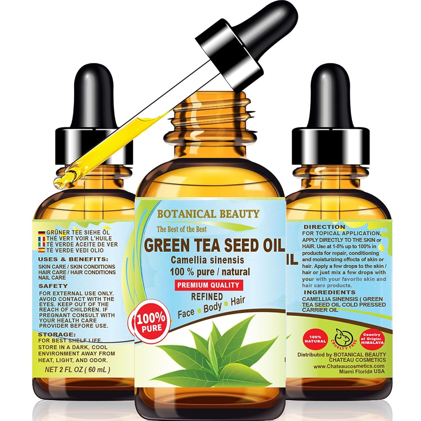 Botanical Beauty GREEN TEA SEED OIL Camellia Sinensis Oil 100% Pure Natural Undiluted Cold Pressed Carrier Oil for Face, Skin, Hair, Nails. 2 Fl.oz 60 ml. Rich in Vitamin C, Vitamin E