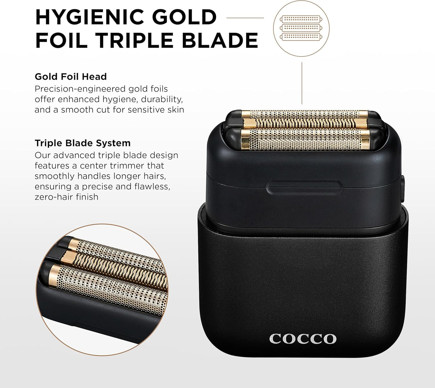COCCO IMPACTO Shaver, Hygienic Gold Foil Triple Blade, White, Wet & Dry Use, Magnetic Replaceable Head, Intelligent Accelerator, 90 Min Run Time (Black)